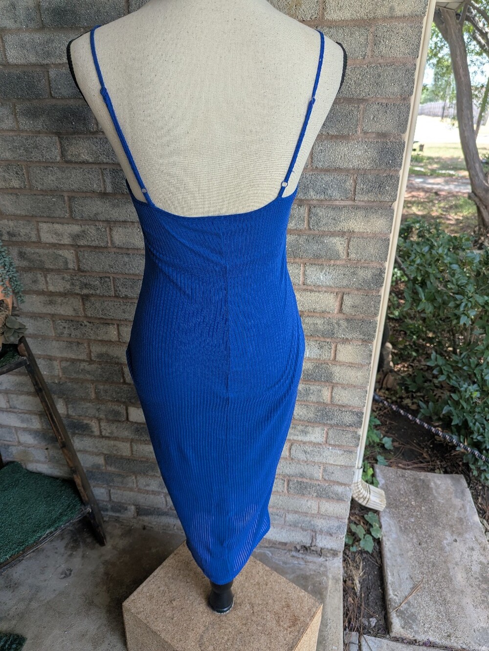 Express Royal Blue Button-Front Ribbed Maxi Dress. - Picture 2 of 5
